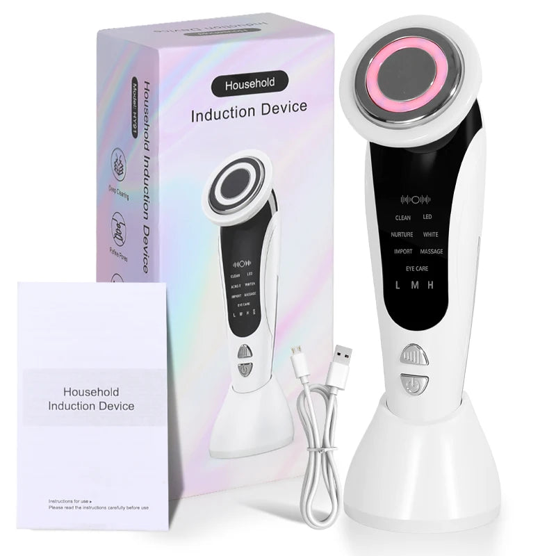 EMS Facial Massager Face Beauty Instrument with Induced Vibration and Hot Compress Face Skin Care Tool 7 in 1 LED Light Therapy