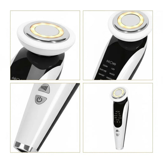 EMS Facial Massager Face Beauty Instrument with Induced Vibration and Hot Compress Face Skin Care Tool 7 in 1 LED Light Therapy
