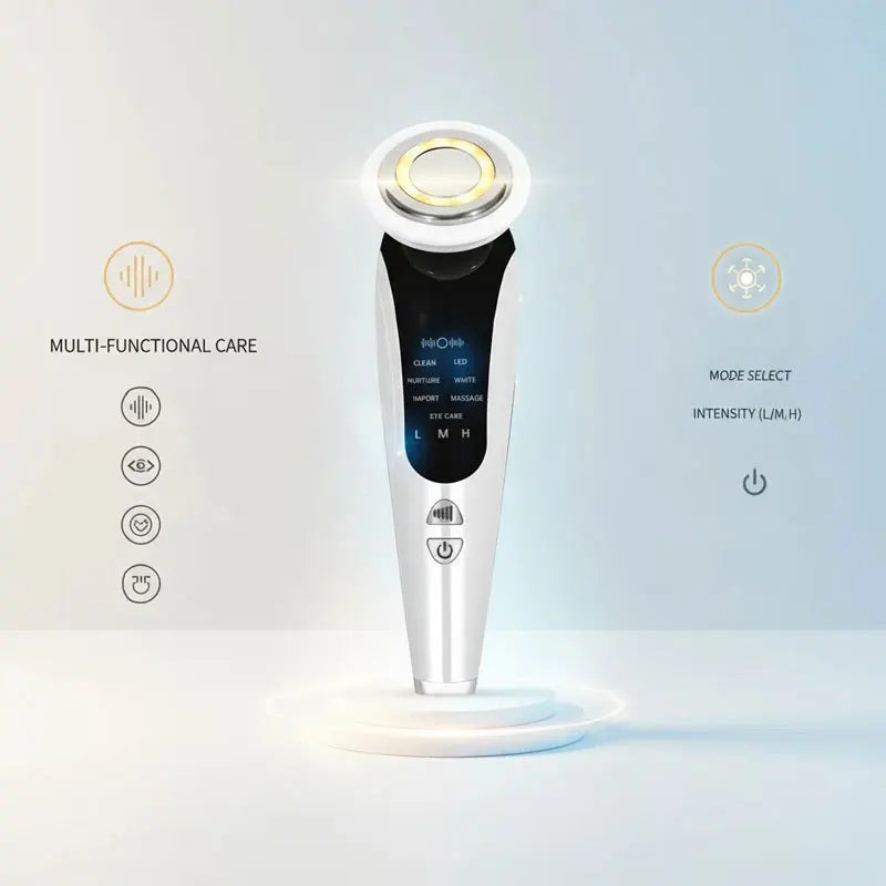 EMS Facial Massager Face Beauty Instrument with Induced Vibration and Hot Compress Face Skin Care Tool 7 in 1 LED Light Therapy