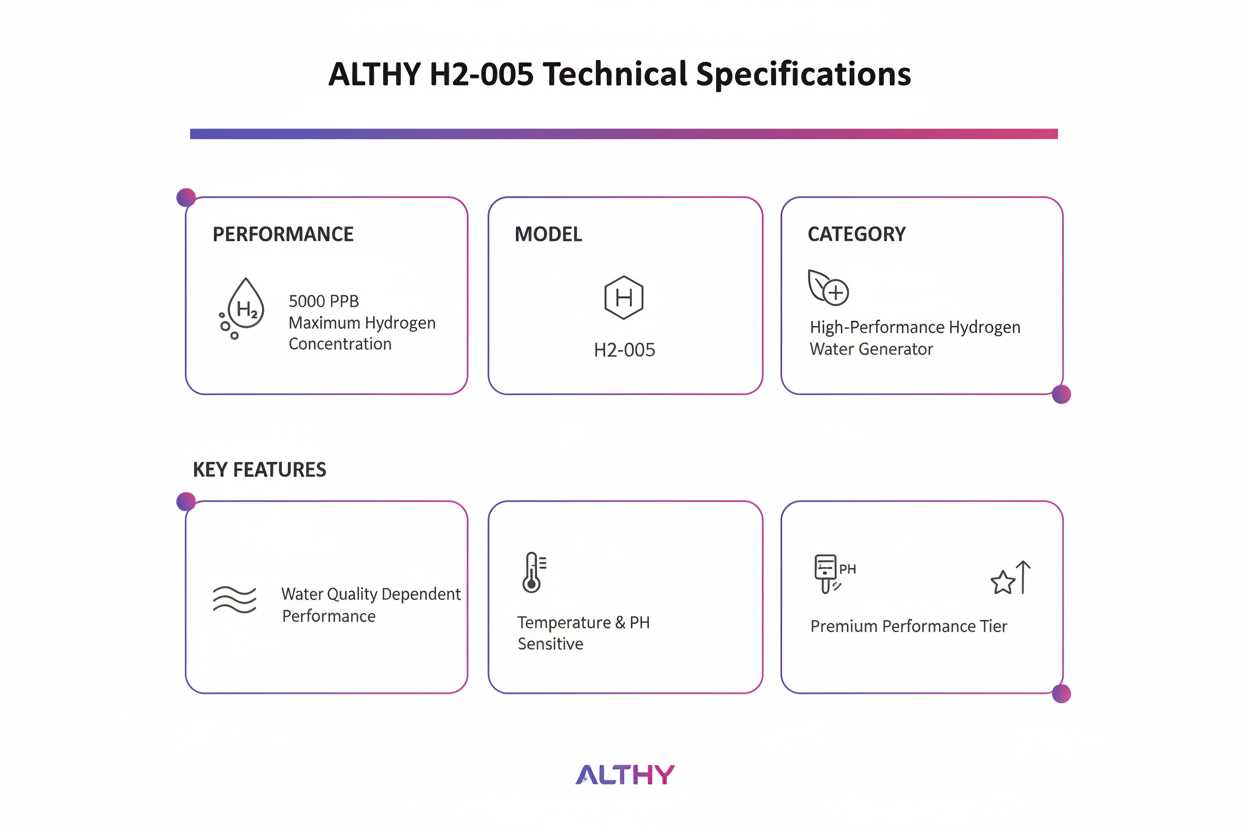 Technical specifications of ALTHY H2-005 high-performance hydrogen water generator on a white background.