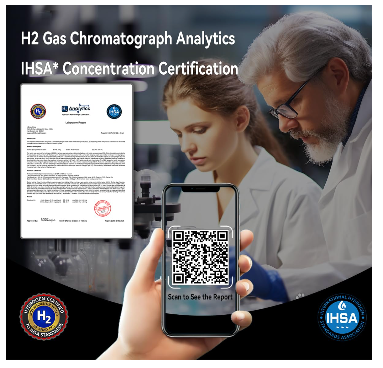 Two scientists in a lab setting with a phone displaying a QR code, IHSA certification document, and logos.