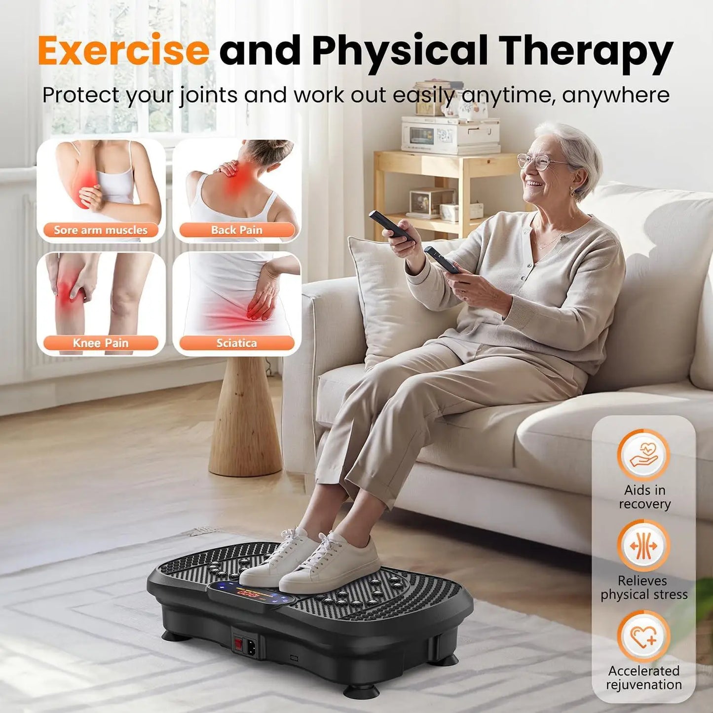 Woman using a vibration plate machine in a living room with text about exercise and physical therapy.