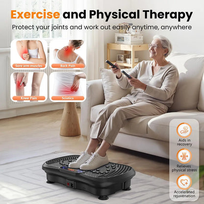 Woman using a vibration plate machine in a living room with text about exercise and physical therapy.