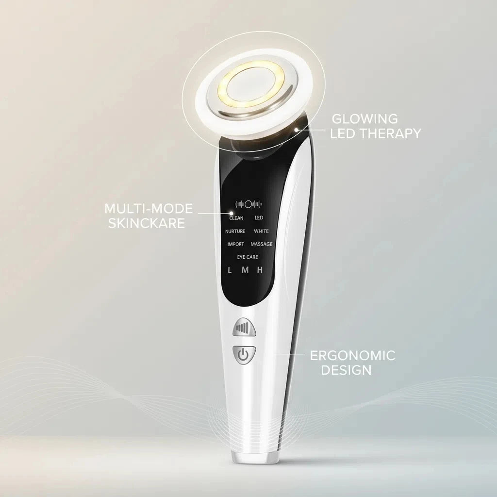 EMS Facial Massager Face Beauty Instrument with Induced Vibration and Hot Compress Face Skin Care Tool 7 in 1 LED Light Therapy