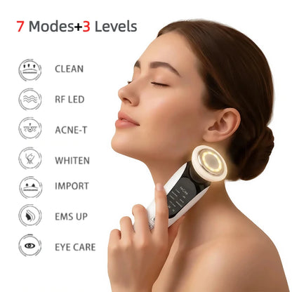 EMS Facial Massager Face Beauty Instrument with Induced Vibration and Hot Compress Face Skin Care Tool 7 in 1 LED Light Therapy
