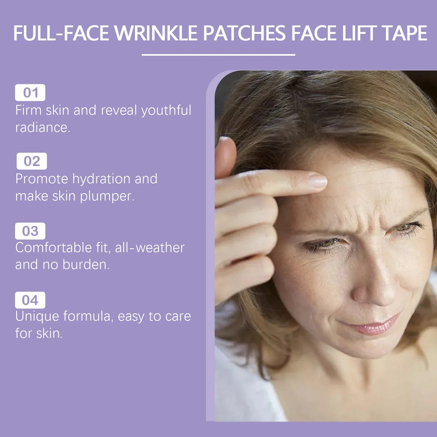 Advertisement for full-face wrinkle patches with a woman applying tape to her face.