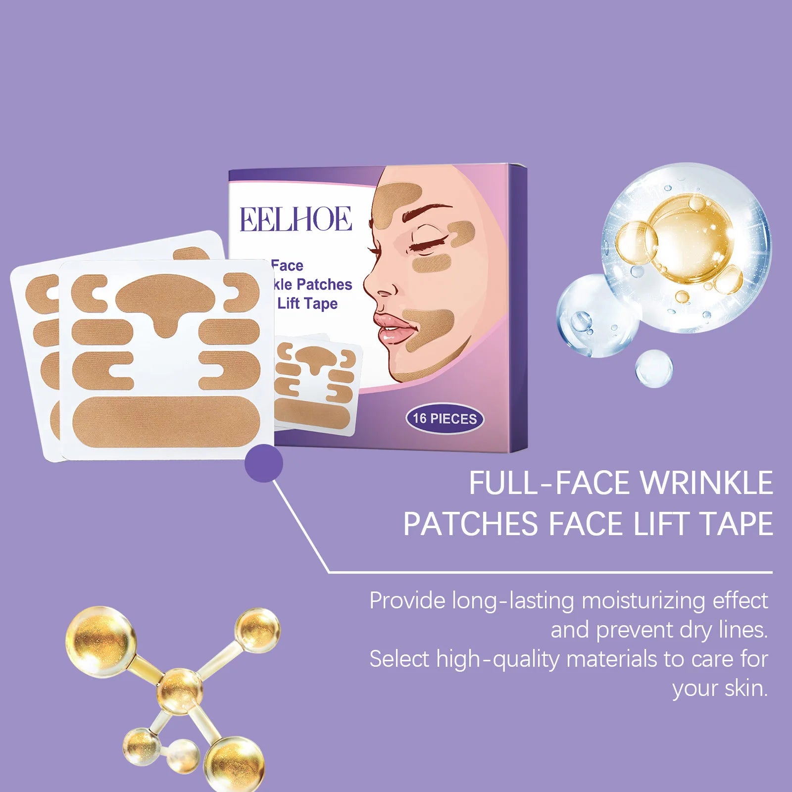 EELHOE full-face wrinkle patches face lift tape packaging on a purple background with product images and text.