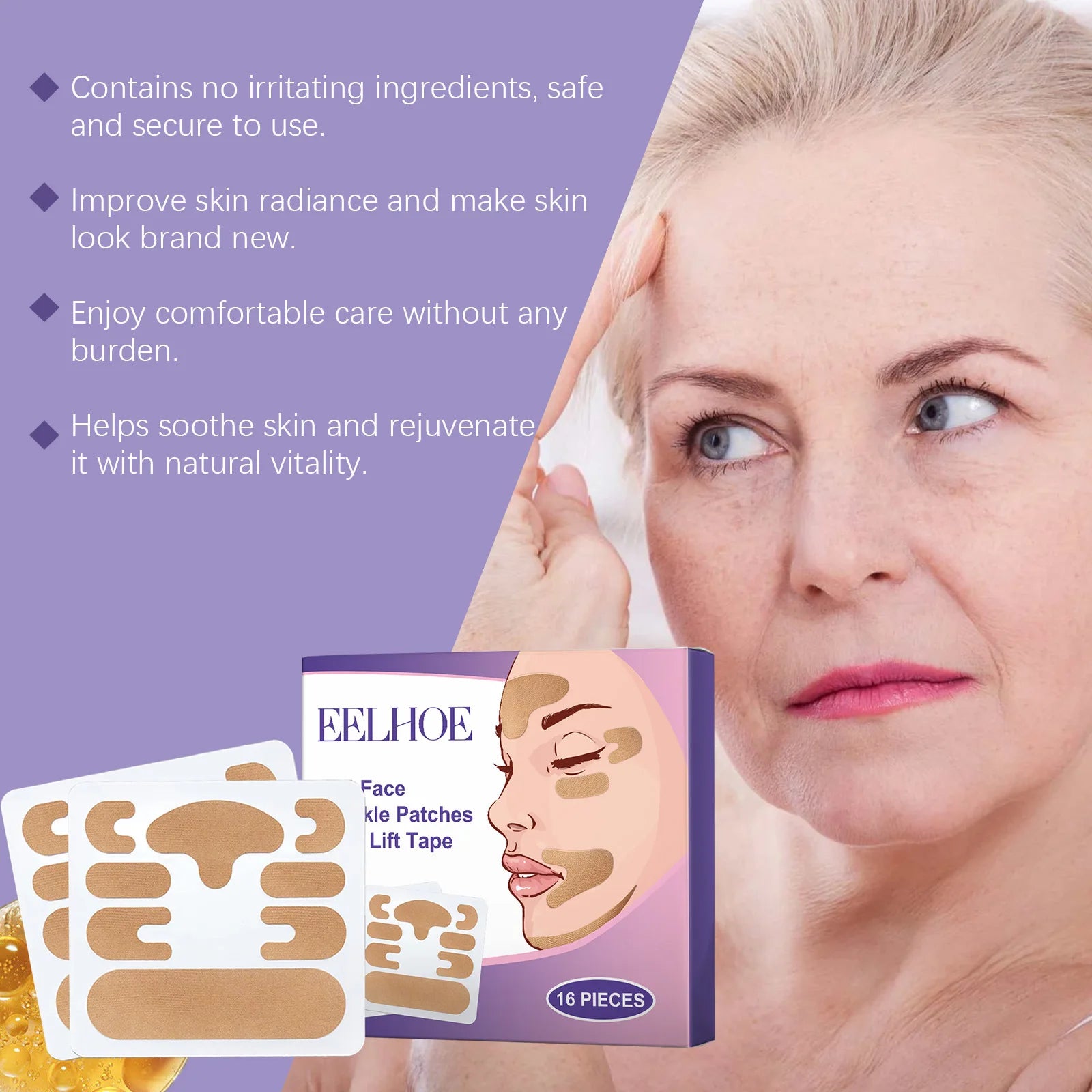Eelhoe face lift patches packaging with a woman applying them, on a purple background.