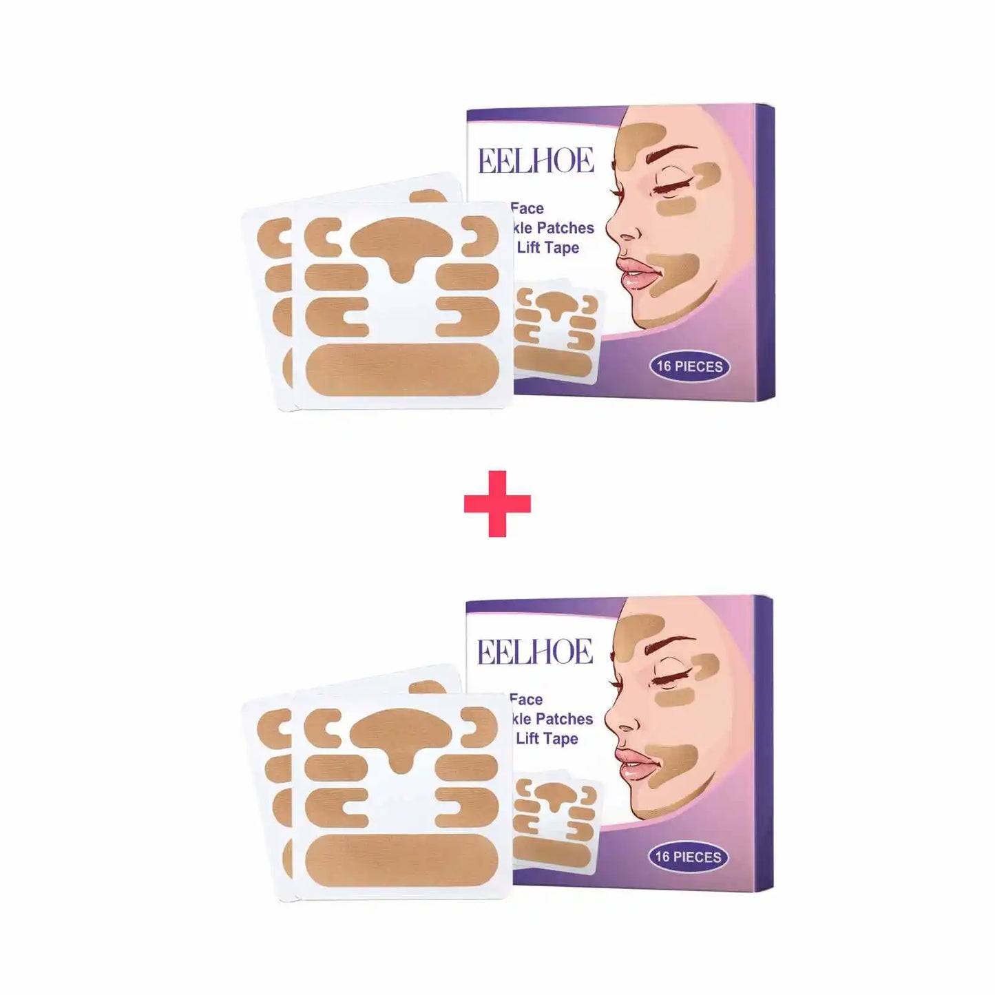 Two boxes of EELHOE face lift patches with a red plus sign on a white background.